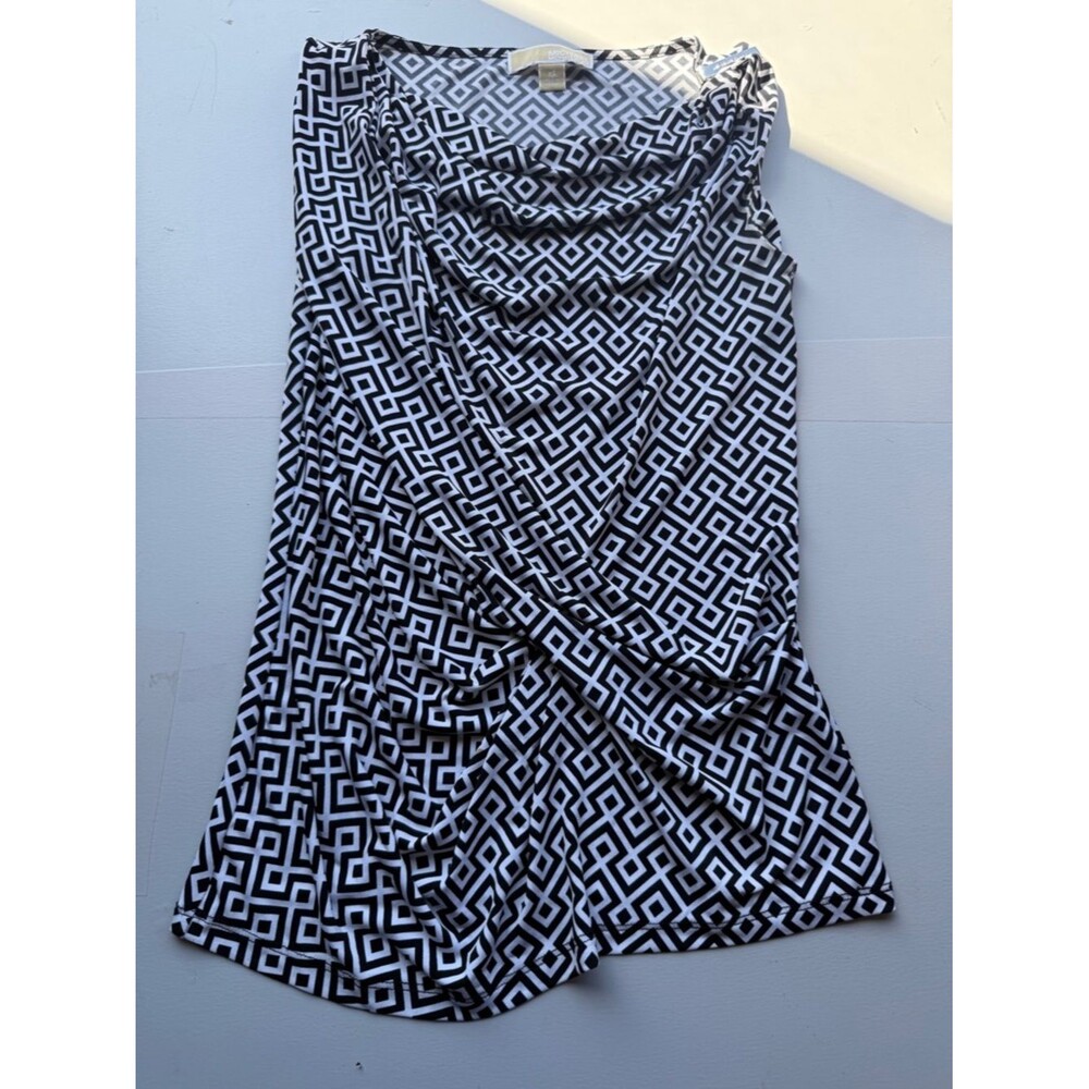 MK geometric blouse black white xs small dropped neck knot detail business A11